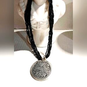 Silvertone & Black Pendant Necklace